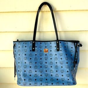 MCM Sky Blue Monogram Tote with Black Accents